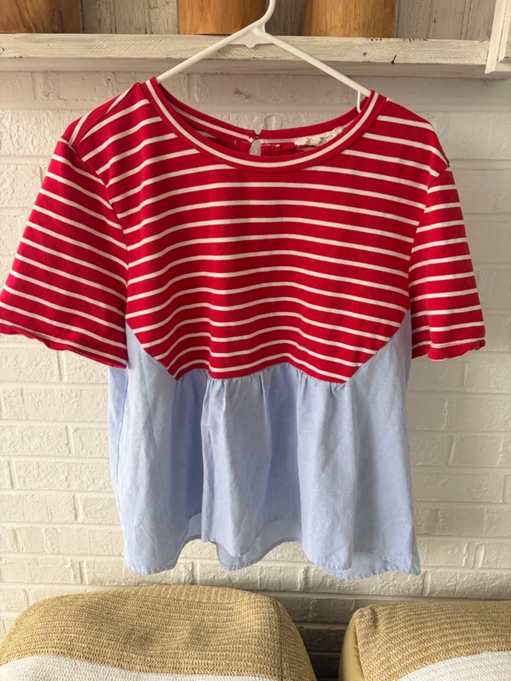 Anthropologie Red & Light Blue Striped Peplum Top